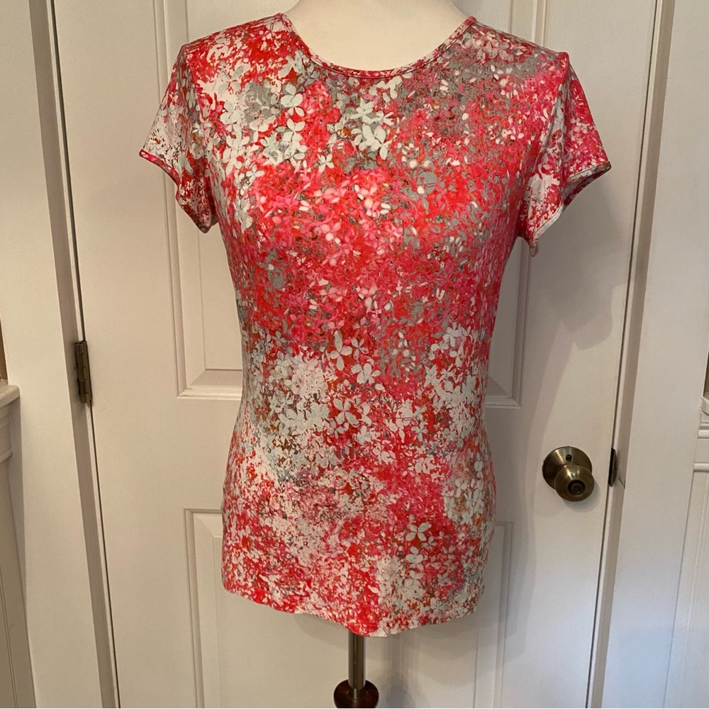 W BY WORTH TOP TEE SHORT CAP SLEEVE CREWNECK PINK WHITE GRAY FLORAL SIZE S (P)